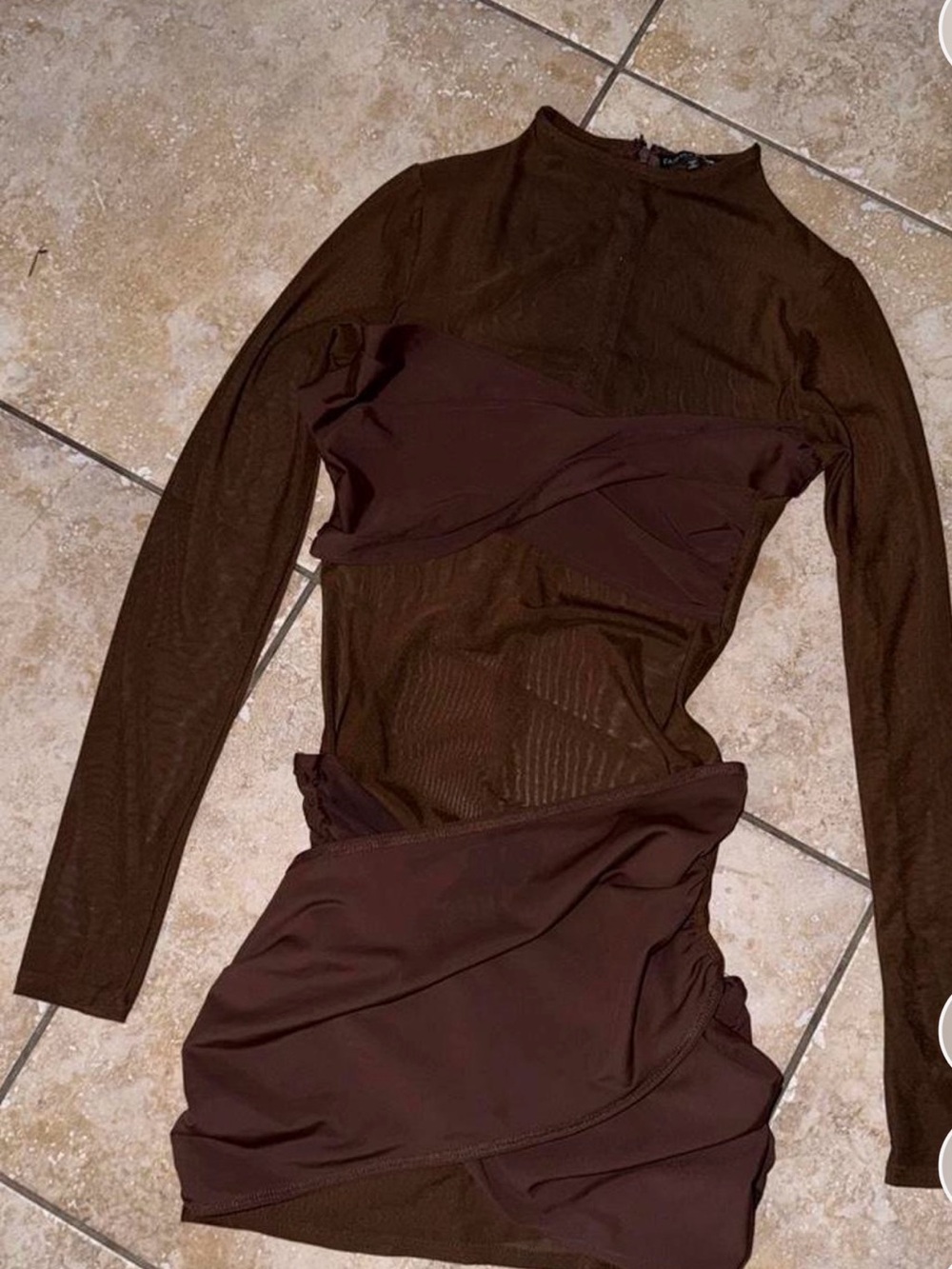 Fashion Nova Brown Long Sleeve Mesh & Draped Bodycon Dress